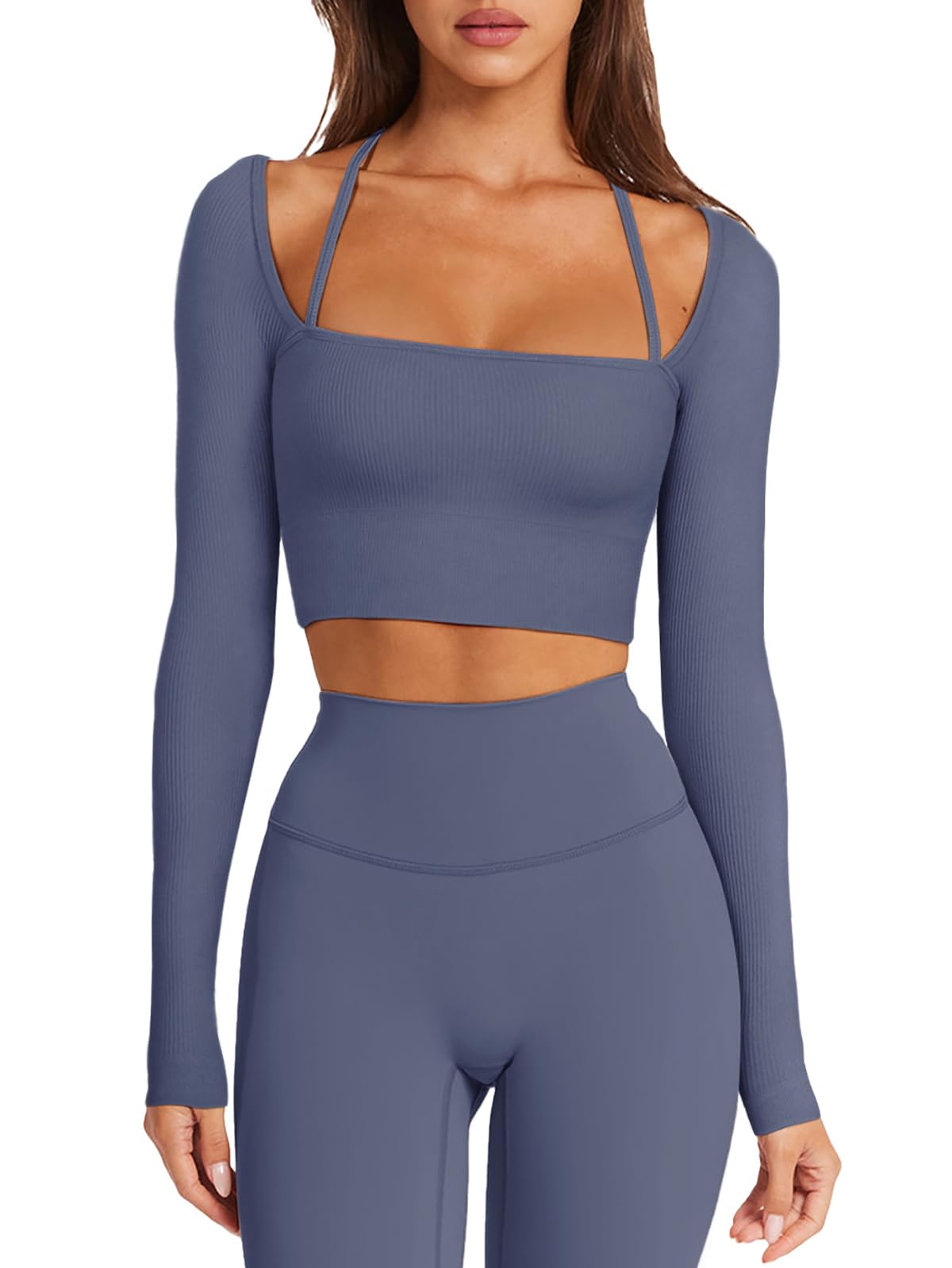 Photo 1 of LASLULU Womens Long Sleeve Tops with Built in Bra Halter Neck Workout Athletic Shirts Sexy Ribbed Pilates Fitness Gym Spring Tops(Grey Blue X-Large)