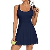 Tanou Womens Tennis Dress with Separated Shorts & Bra U Neck Golf Sleeveless Athletic Workout Scalloped Dress with 2 Pockets