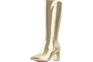 Shoe'N Tale Mid Calf Boots for Women Wide Calf Knee High Boots Chunky Block Heel Fall Winter Pointed Toe Boots