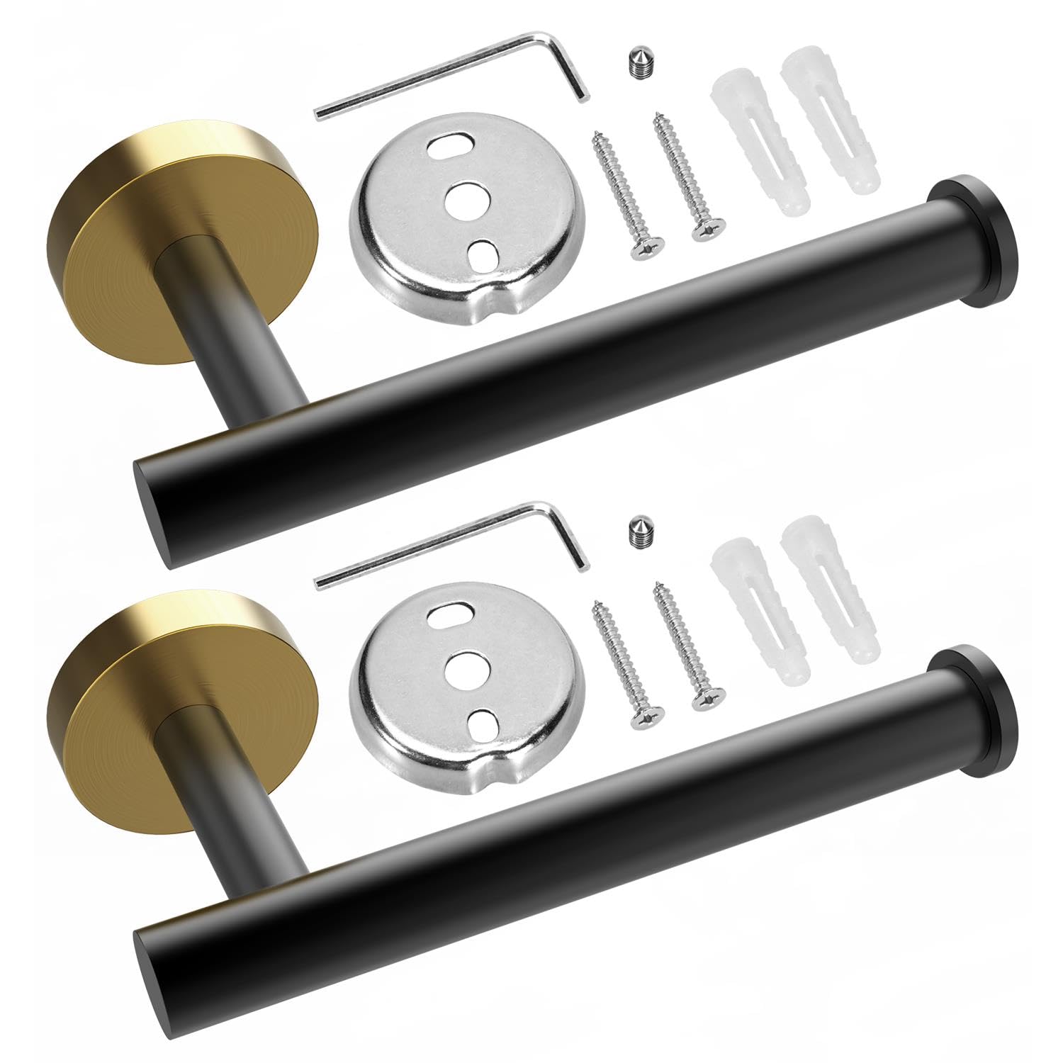 Vinsani 2PK Toilet Roll Holder Dispenser Wall Mounted Stainless Steel Minimalist Modern Style Rust Resistant Rotate Proof Toilet Paper Holder for Bathroom & Kitchen – Black & Gold