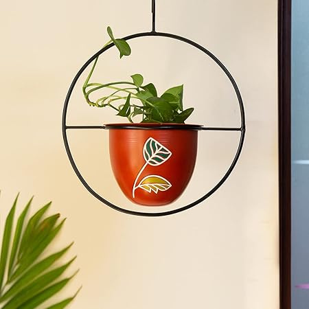 ExclusiveLane Shades of a Leaf Handpainted Hanging Planters Pot with Holder in Iron & Garden Decoration Items for Balcony Indoor Hanging Planter