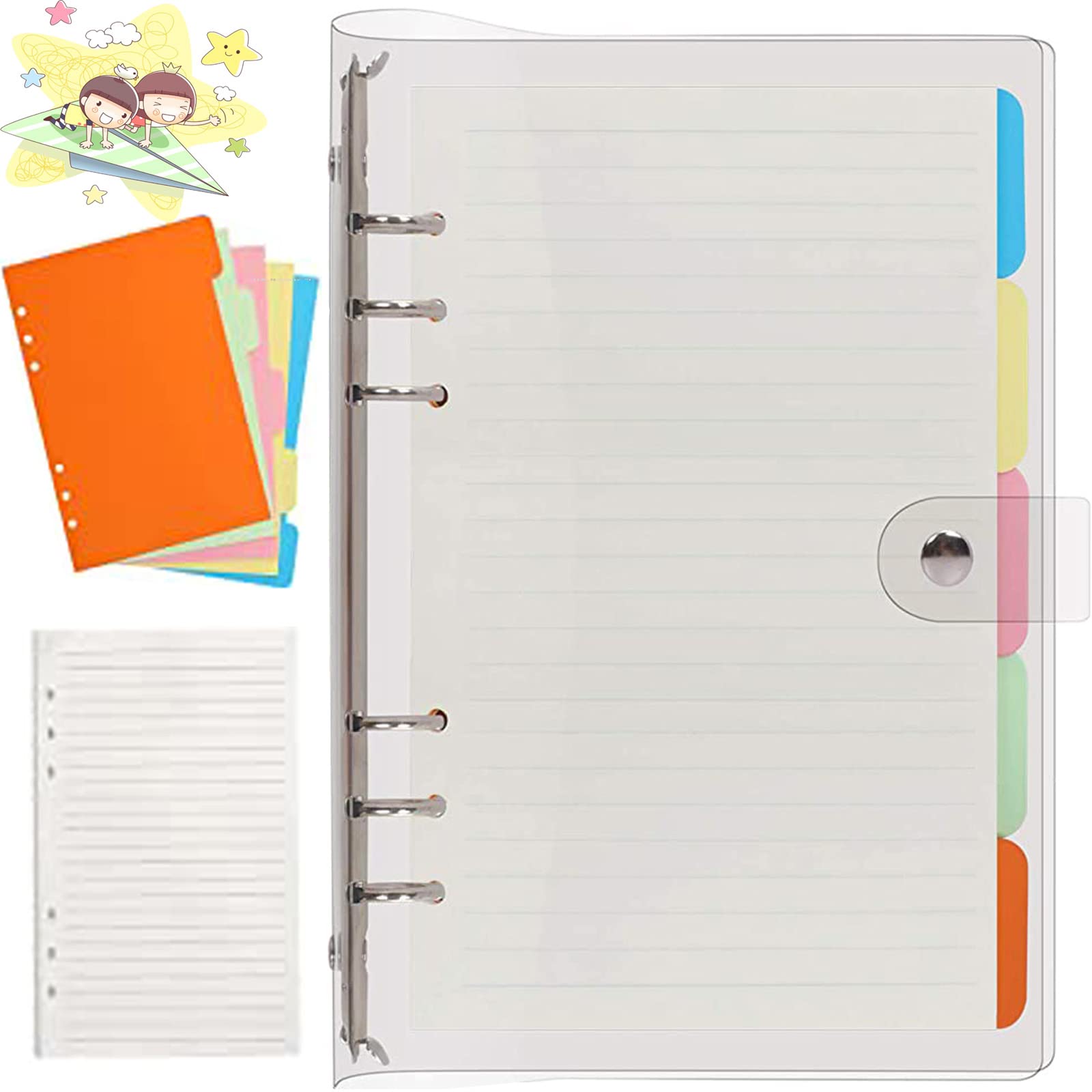 dcas A5 Refill Paper Set, Soft PVC Ring Binder, 6 Holes, Coloured Dividers, 45 Sheets A5 Dotted Paper, 1 PVC Notebook, 5 Coloured Dividers