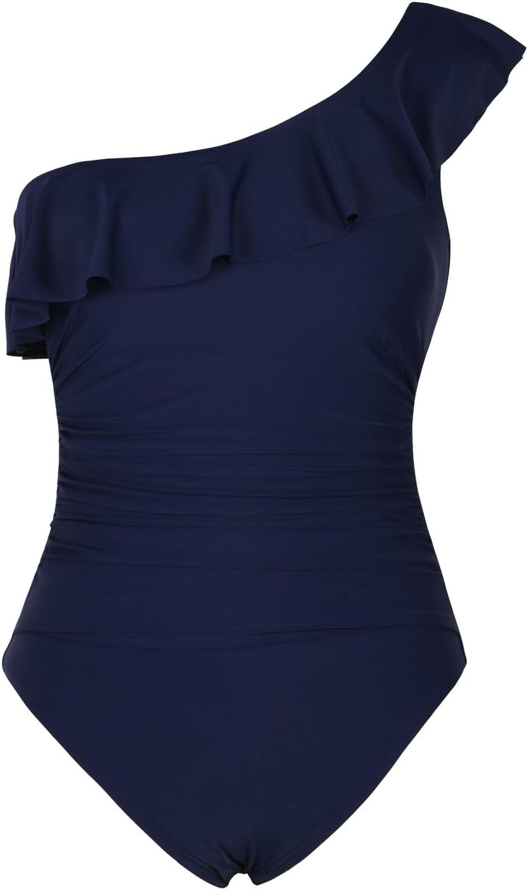 HilorWomen's One Piece Swimsuits One Shoulder Swimwear Asymmetric Ruffle Monokinis Bathing Suits