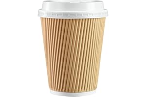 GUSTO [12 oz. - 50 Sets] Insulated Kraft Ripple Paper Hot Cups, Disposable Coffee Cups with Lids - Ideal for Hot Beverages, T