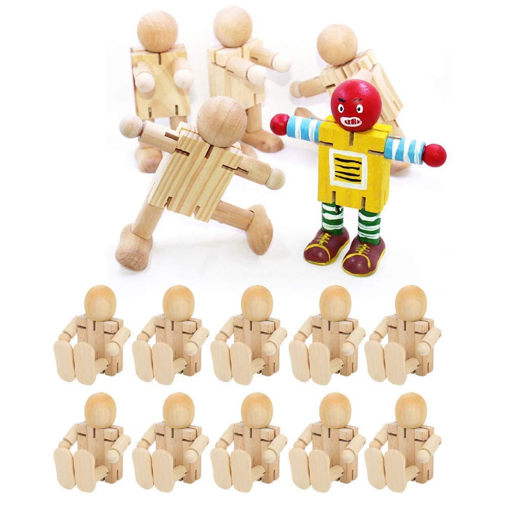 10pcs Unfinished Wooden Robot Figurine People Shapes Figures Flexible Sculpture for DIY Painting Arts Crafts Home Decoration