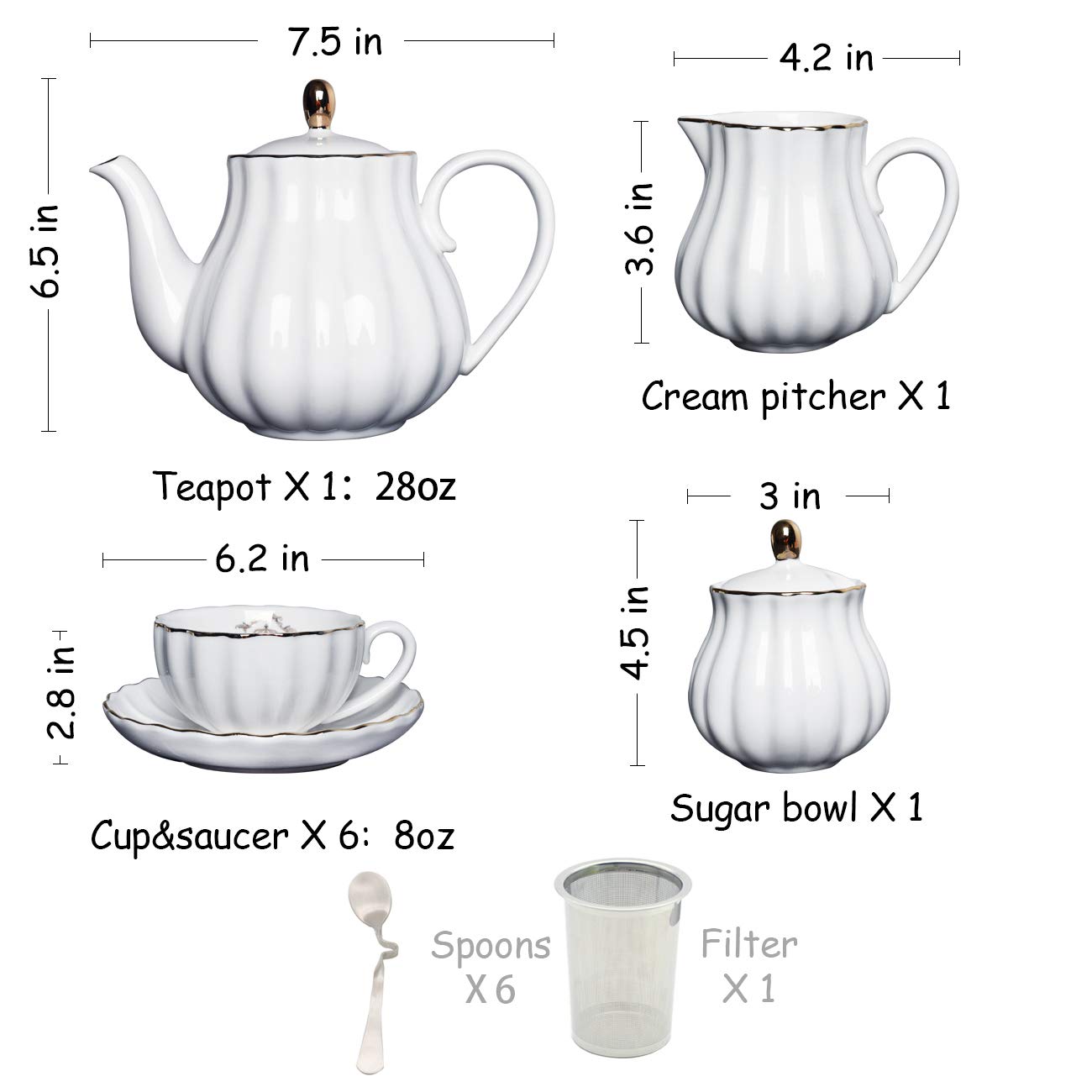 Porcelain Tea Sets British Royal Series, 8 OZ Cups& Saucer Service for 6, with Teapot Sugar Bowl Cream Pitcher Teaspoons and tea strainer for Tea/Coffee, Pukka Home (Pure White)