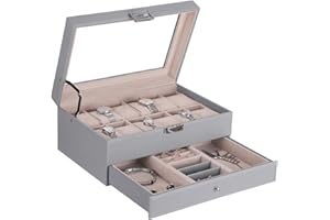 BEWISHOME Watch Box Organizer with Valet Drawer - Real Glass Top, Adjustable Tray, Metal Hinge - 12 Slots Watch Case Jewelry Box for Women Men, Grey SSH02H