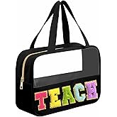 Kovewon Teacher Appreciation Gifts, Chenille Letter Teacher Tote Bag with Handle and Zipper, Waterproof Nylon Portable Makeup Toiletry Bag