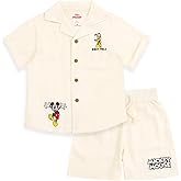 Disney Mickey Mouse Linen Button Down Shirt and and Shorts Outfit Set Infant to Little Kid Sizes (12 Months - 7-8)