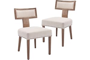 HNY Mid Century Modern Dining Chairs Set of 2, Farmhouse Linen Fabric Upholstered Accent Chairs Curved Nailhead Trim Backrest Kitchen Chairs, with Hardwood Frame, Beige