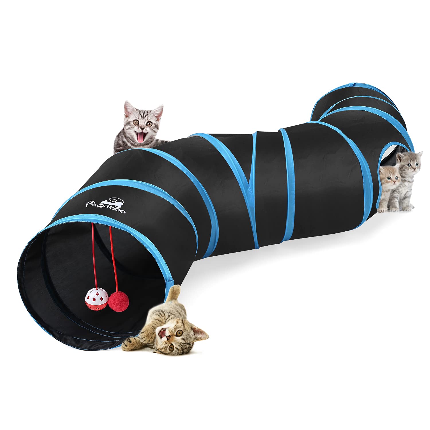 Pawaboo Cat Toys - S-Shaped Cat Tunnel Tube, 25x97cm, Extensible & Collapsible Cat Play Tent with Interactive Maze, Balls & Bells for Kittens & Small Animals, Blue