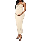 OYOANGLE Women's Maternity Drawstring Front Cami Dress Ribbed Knit Bodycon Midi Dresses