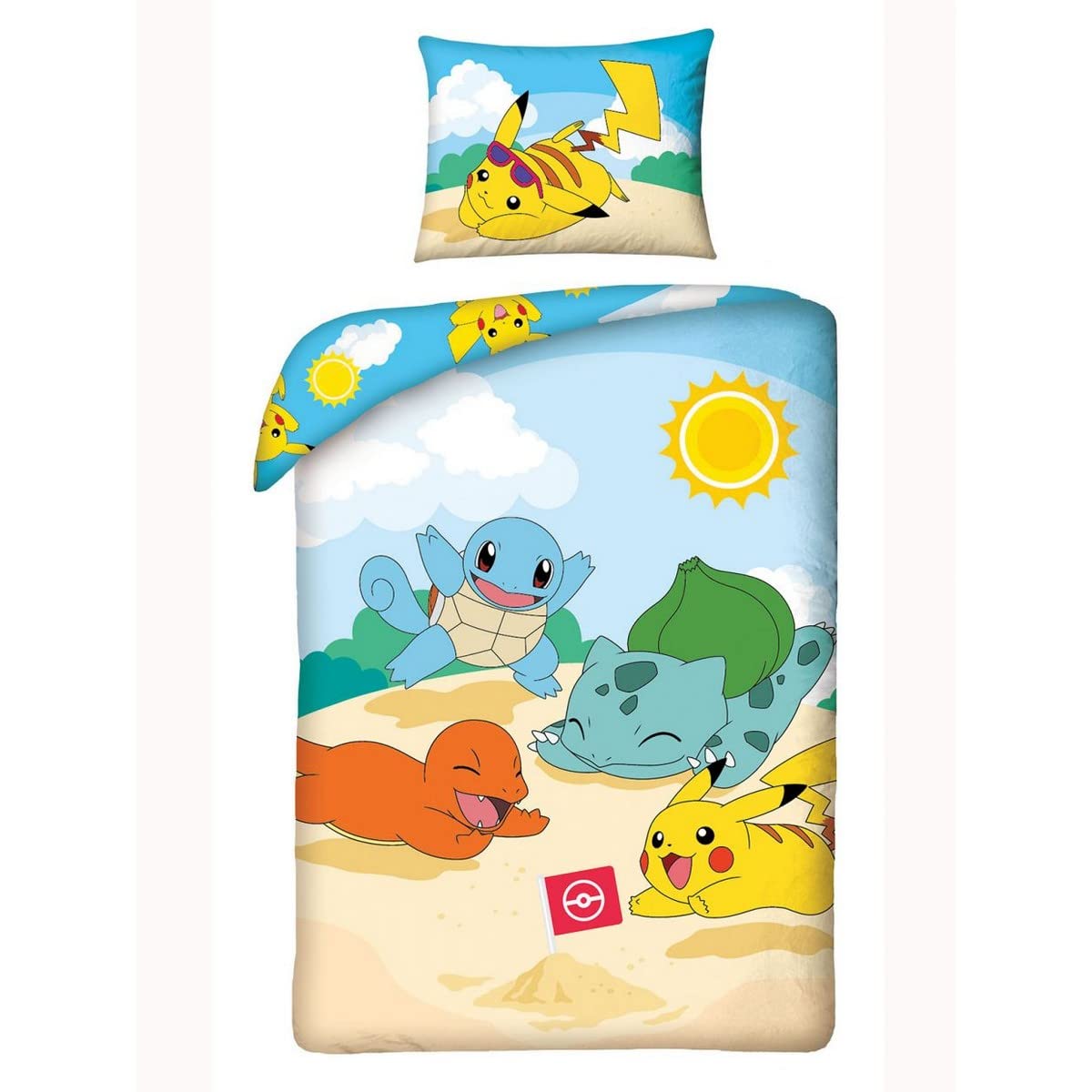 Halantex Pokemon Pikachu children's bedding set, 2-piece set, 140 x 200 + 70 x 90 cm, cushion cover, beige blue yellow, cotton, Oeko-Tex certified