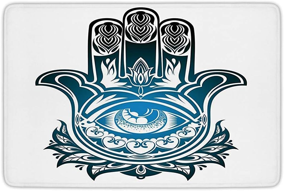 Bathroom Bath Rug Kitchen Floor Mat Carpet,Hamsa,Evil Eye Inside the Hand of Fatima Spiritual Esoteric Protection Ancient Icon Decorative,Black Blue White,Flannel Microfiber Non-slip Soft Absorbent