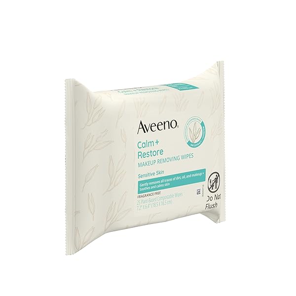 AVEENO CALM + RESTORE UNSCENTED MAKEUP REMOVER FACE WIPES, FRAGRANCE FREE FACIAL CLEANSING TOWELETTES WITH OAT EXTRACT & CALMING FEVERFEW LEAVE SKIN FEELING SOOTHED, ALCOHOL FREE, 25 CT