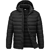 BGOWATU Men's Lightweight Water-Resistant Hooded Puffer Jacket Insulated Winter Coat with Detachable Hood for Snow Ski