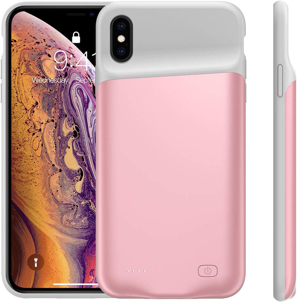 Compatible with iPhone Xs Max Battery Case, 5200mAh Rechargeable External Backup Charger Pack Slim Extended Portable Power Bank Extra Shockproof Protective Cover Shell Pink
