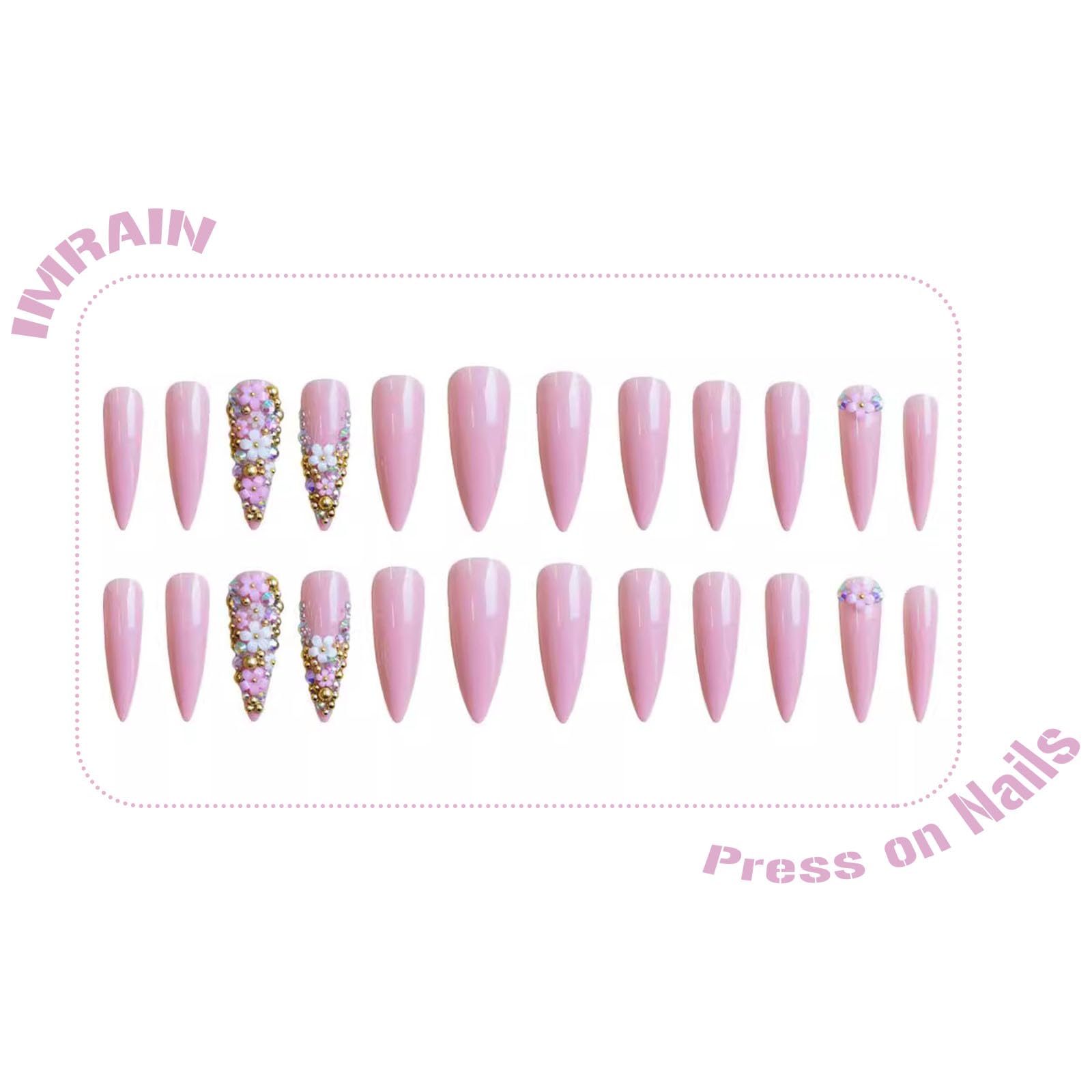IMRAIN Long Press on Nails Stiletto Pink Fake Nails Rhinestone & Flower Designs Glossy Glue on Acrylic Nails Full Cover Luxury Bling Handmade Stick on False Nails for Women 24Pcs - Image 2
