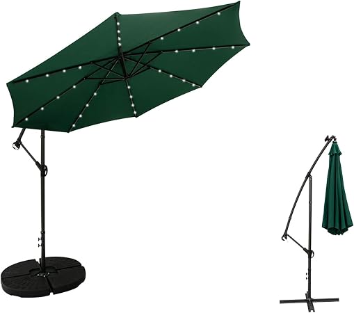 Amazon Com Ovastlkuy 10ft Solar Led Offset Hanging Patio Umbrella Easy Tilt Adjustment Waterproof Sun Protection With Cross Bases Green Garden Outdoor