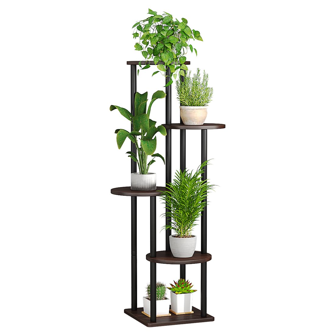 Photo 1 of AZERPIAN Plant Stand Indoor 5 Tier Metal Plant Shelf for Multiple Plants Corner Tall Flower Holders for Living Room Balcony Bedroom Patio Garden (Black Oak, 5 Tier)