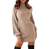 EXLURA Women's 2026 Mock Neck Ribbed Long Sleeve Bodycon Pullover Cute Mini Sweater Dress Vacation Outfits Winter Clothes