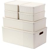 Bronkeeper Decorative Storage Boxes with Lids, 6 Pack, Cream | 3 Sizes, Nestable and Stackable, for Pantry, Closet and Shelves, Play Room