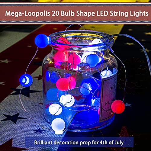 LOLStar 4th of July String Lights Red White Blue Fairy String Lights 7.38ft 20 LEDs Bulb Shape Waterproof Battery Operated Patriotic Decor for Independence Day,Memorial Day,Flag Day Patriotic Party