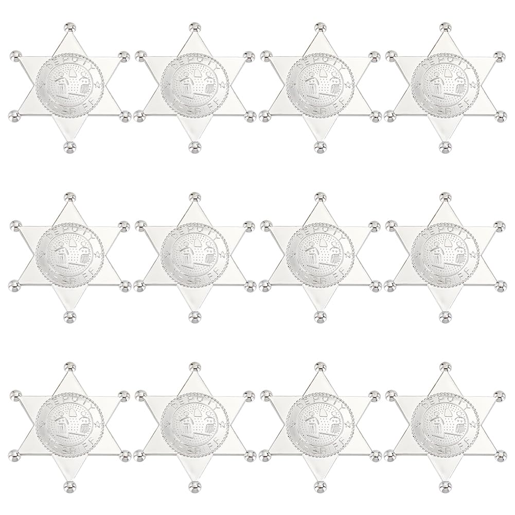 MAYJOYDIY 12Pcs Sliver Sheriff Badges Western Cop Star Deputy Badge Plastic Brooch Police Badges Pin Old West Prop Cowboy Party Decoration Badge for Cosplay Party Costume Play Props