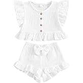 BemeyourBBs Summer Toddler Girl Clothes Baby Girl Ruffle Sleeveless Shirt with Buttons Bow Bloomers Shorts Set Cute Outfits