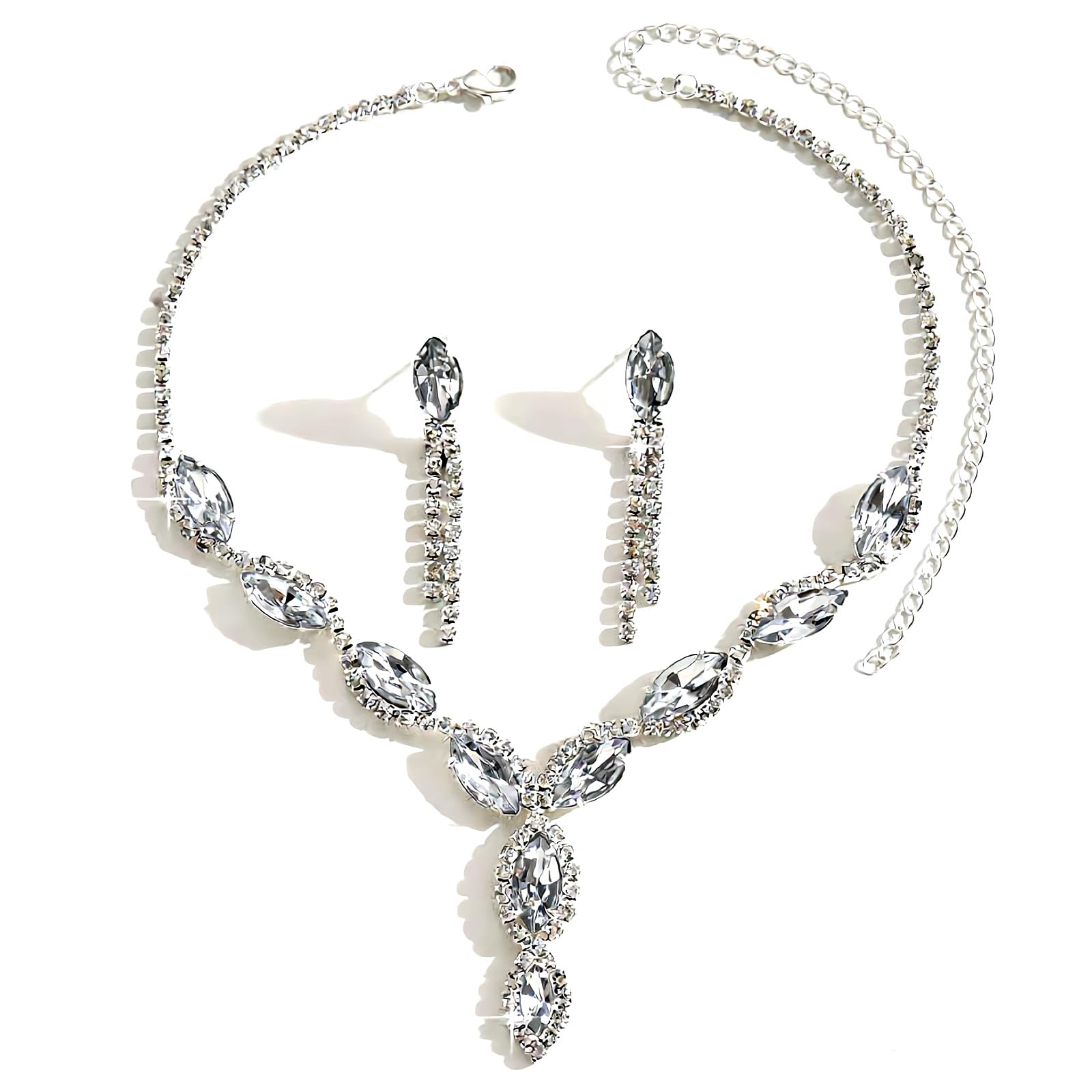 Dishowme Crystal Bridal Jewelry Set Rhinestone Pendant Necklace Earrings Marquise Chain Wedding Jewelry Set for Women Girls Teens (White)