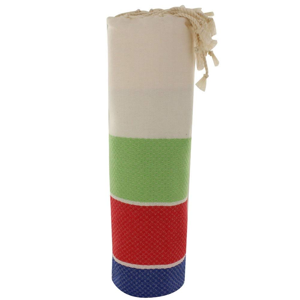 LES POULETTES BIJOUX - Towel Cotton Fouta Hammam or Beach Honeycomb White Color Green Red and Blue Stripes