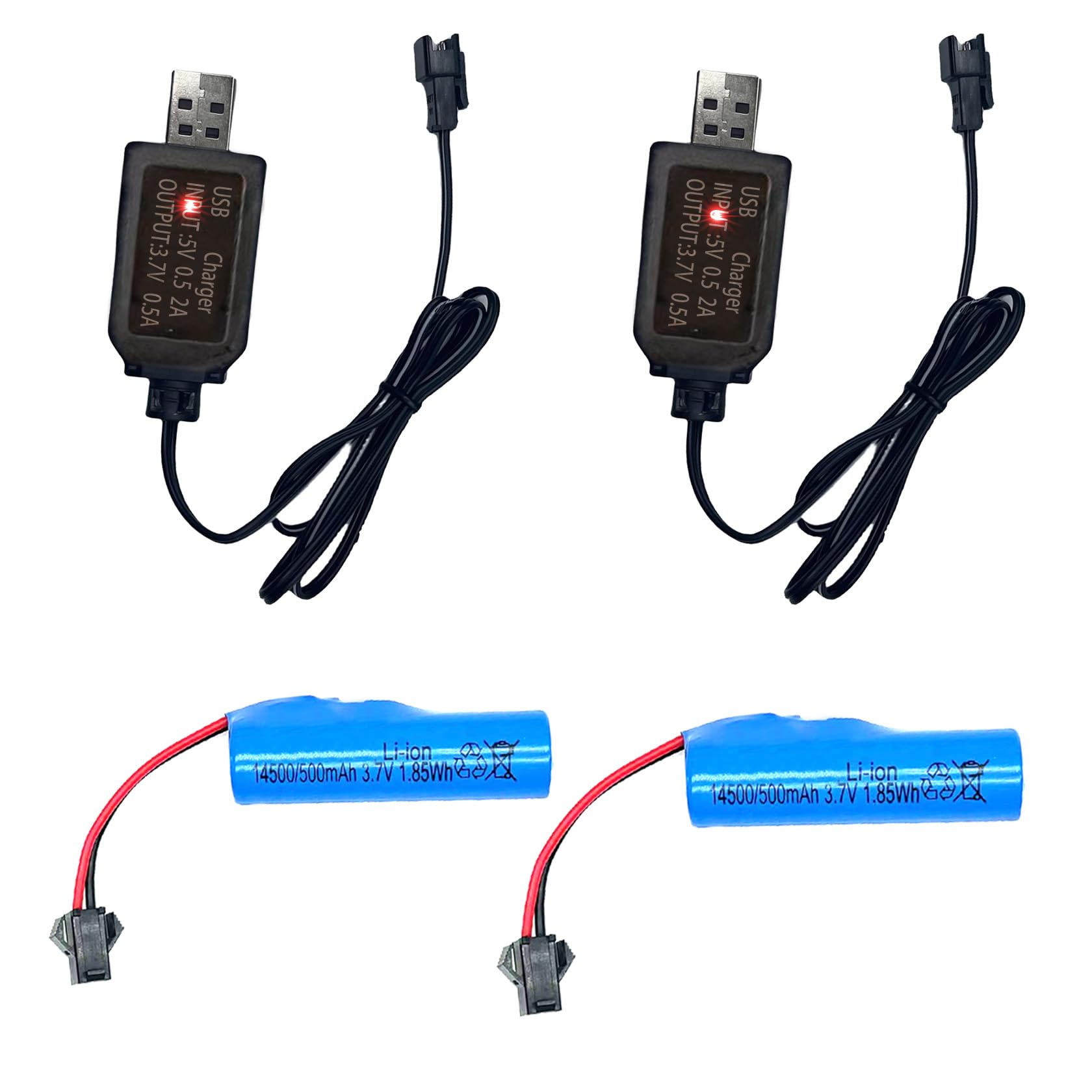 Photo 1 of 2 Pack 3.7V 500mAh Li-ion Rechargeable Batteries with Dual Protection and USB Charger Cables, SM-2P plug Design, Universally Compatible with Various Remote Control Cars Trucks, Stunts, and RC Toys