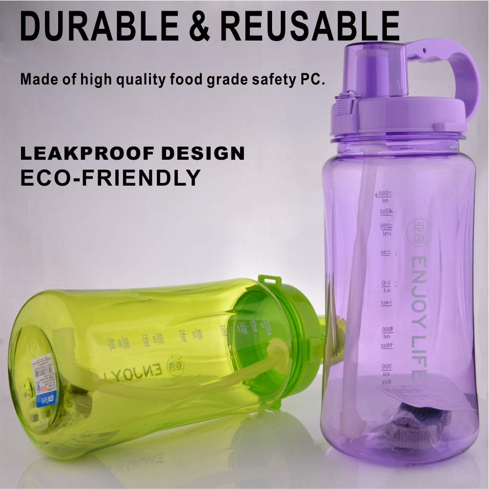 Water Bottle 1.5L / 1500ml / 51.25oz Outdoor Cup Large Capacity Plastic Queen Wide Mouth Leak Proof for Sports Camping Hiking Gym Picnic (Green, 1500ml)