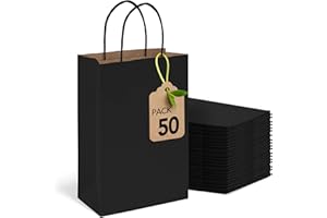 MESHA Black Gift Bags 5.25x3.75x8 Inch 50 Pack Small Black Paper Bags with Handles Bulk for Small Business Birthday Wedding Party Favor