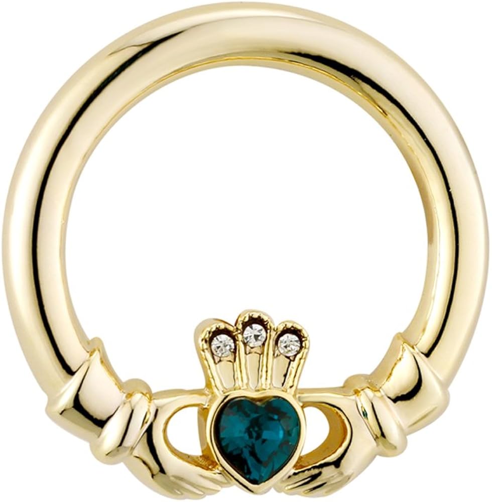 Claddagh Brooch Gold Plated & Green Stone Pin Irish Made