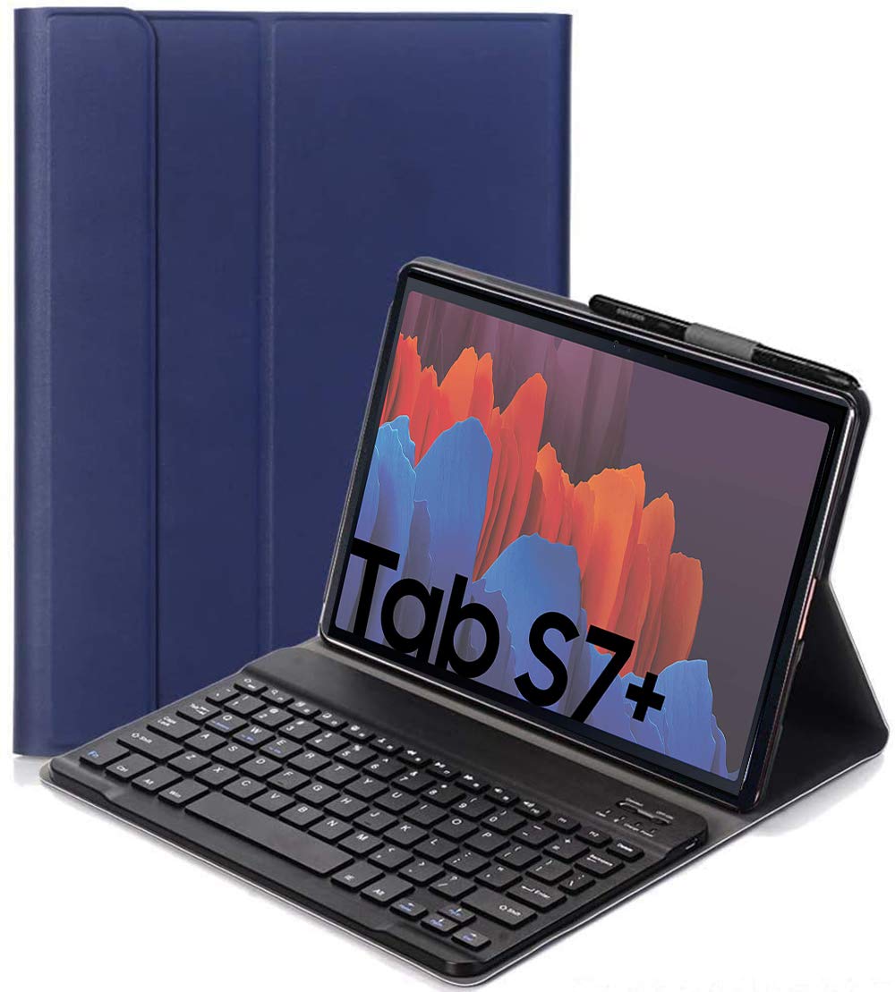 RLTech Ñ Spanish Keyboard Case for Samsung Galaxy Tab S7+, Spanish Ultra Slim Keyboard Case with Detachable Magnetic Wireless Bluetooth for Samsung Galaxy Tab S7+ 12.4" T970/975/976 2020, Blue