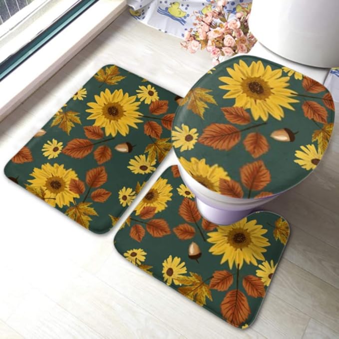 Juego de alfombras de baño Girasoles de otoño Patrón de fondo verde