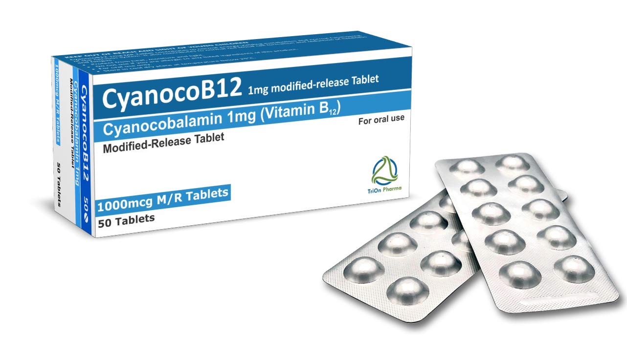 Vitamin B12 Cyanocobalamin High Strength 1000 mcg (1mg) Modified Release Tablets, CyanocoB12 Vegan 50 Tablets. Reduction of Tiredness & Fatigue. (Pack of 50 Tablets)