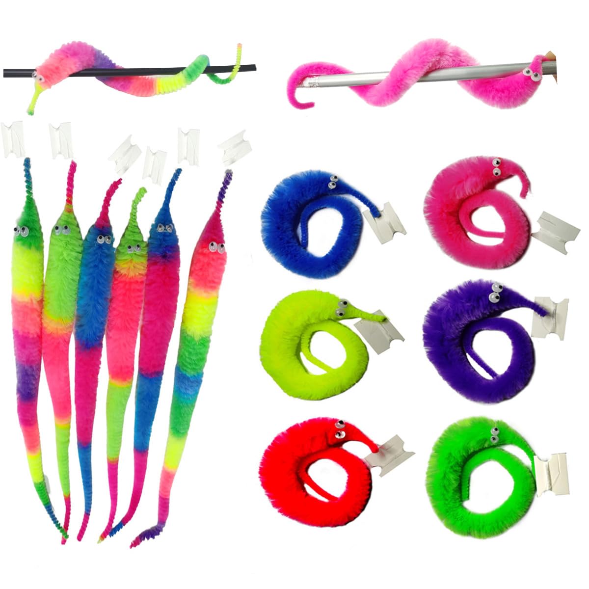 SHENGSEN 20PCS Rainbow Fuzzy Worms On String Bulk, Trick Toy Party Favors for Kid, Cat Fuzzy Worm Toys,Pets Fuzzy Worms On String