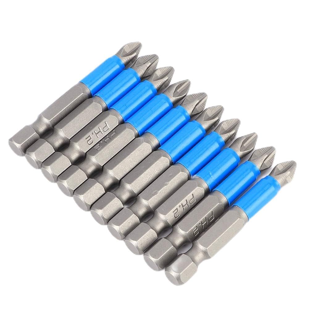 10Pcs/Set Screwdriver Bits Anti Slip S2 Alloy Steel Strong Magnetic Cross Drill Bit PH2 x 50mm Hex Shank Impact Tough Screwdriving Bit