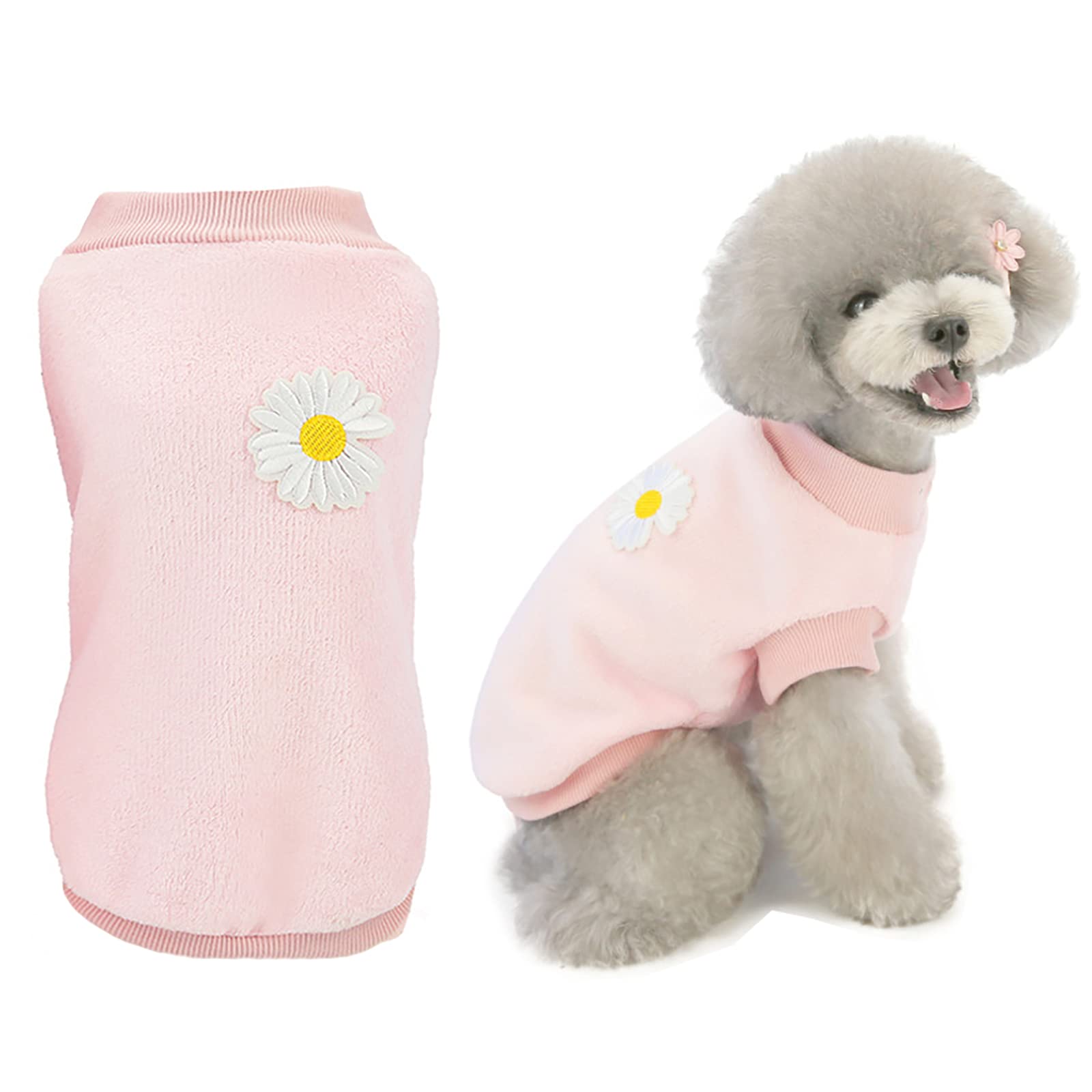Dog Sweater Clothes Fleece Woolen Winter Warm Sweat Shirt Flower Pajamas Fleece Sweater for Small Dog Medium Cat Pink L