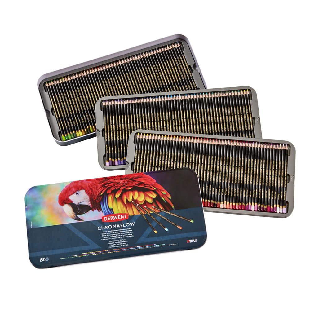 Derwent Chromaflow Pencils, Set of 150 in Tin, 3.5mm Round Core, Premium Core Strength, Blendable with Smooth Texture, Ideal for Drawing, Coloring & Layering, Professional Quality (2306263) Image Derwent Chromaflow Pencils, Set of 150 in Tin, 3.5mm Round Core, Premium Core Strength, Blendable with Smooth Texture, Ideal for Drawing, Coloring & Layering, Professional Quality (2306263) Image