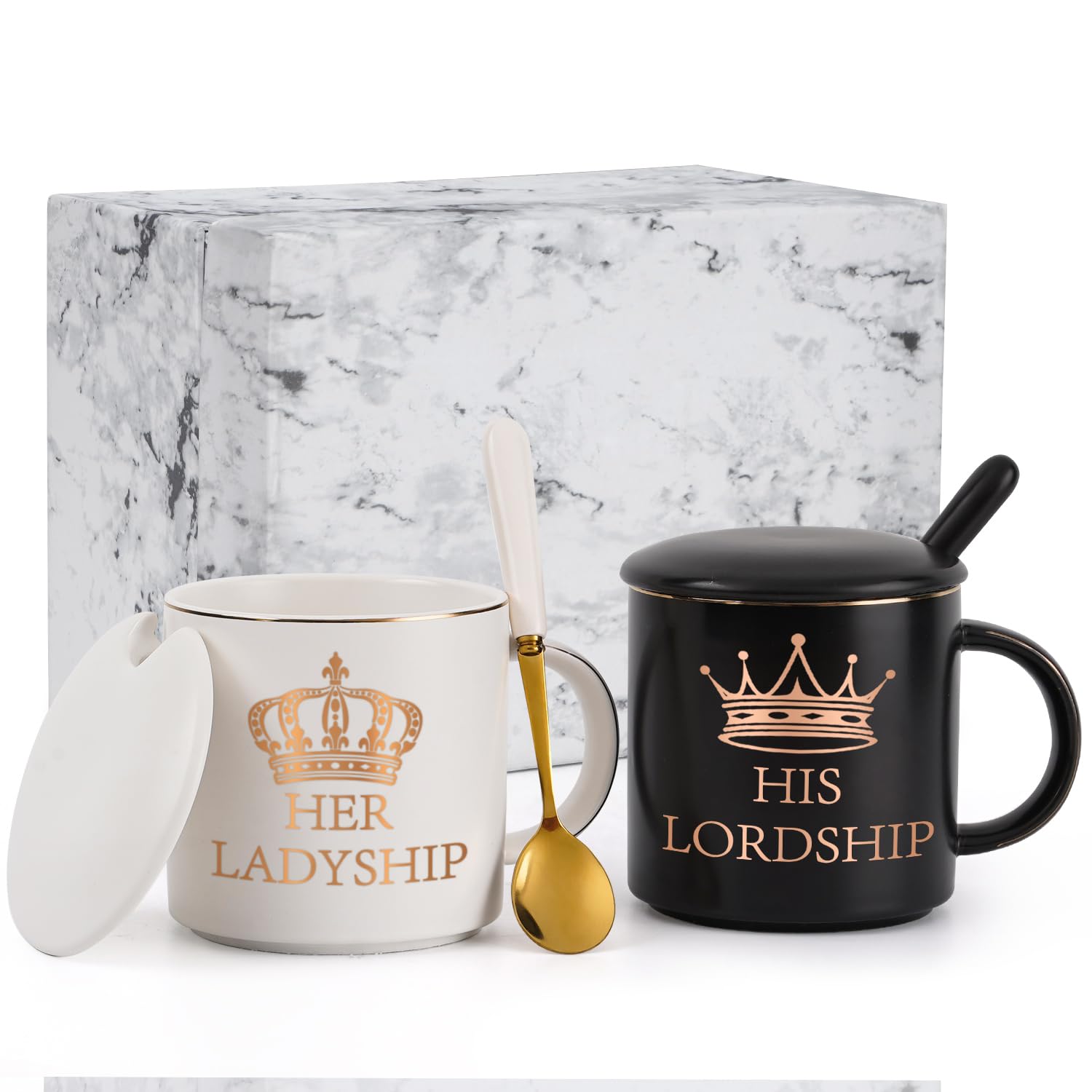 Joymaking Gifts for Couple His Lordship & Her Ladyship Coffee Mug Set for Parents Anniversary Wedding Christmas Gifts for Him Her, 12Oz Black-White