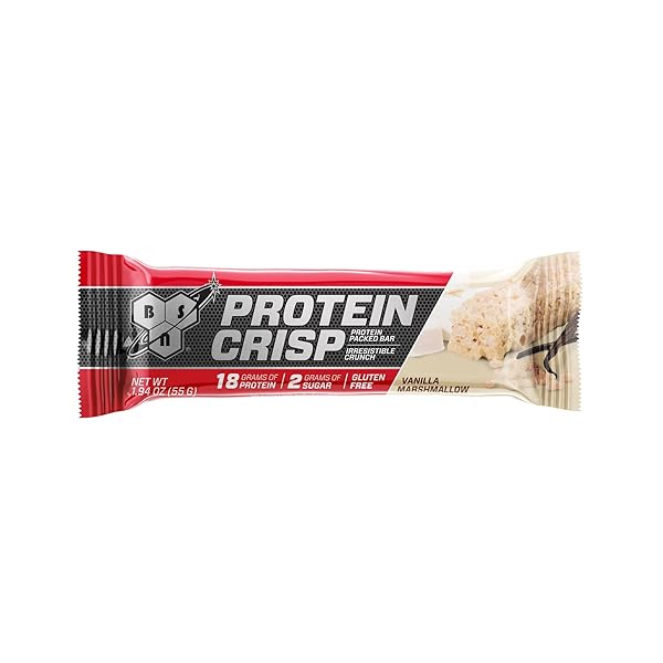 BSN PROTEIN CRISP BAR, VANILLA MARSHMALLOW, 18 GRAM PROTEIN SNACK BARS WITH WHEY AND FIBER, GLUTEN-FREE CRUNCHY ENERGY BARS FOR WORKOUT, FITNESS, ON-THE-GO, 12 COUNT