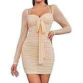 HTZMO Women Long Sleeve Bodycon Mini Dress Sexy Backless Ruched Party Club Going Out Dresses