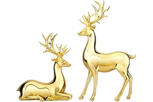 MonyPlay Modern Couple Reindeer Figurine Statue 2PCS Silver Deer Sculpture Office Decoration Resin Elk Desktop Ornament Home Table Craft (Golden, 2pcs)