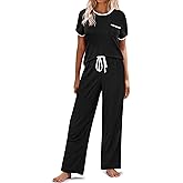 Ekouaer Women Lounge Pajamas Sets Ribbed Knit PJ Short Sleeve and Long Pajama Pant Soft 2 Piece Sleepwear Loungwear Set
