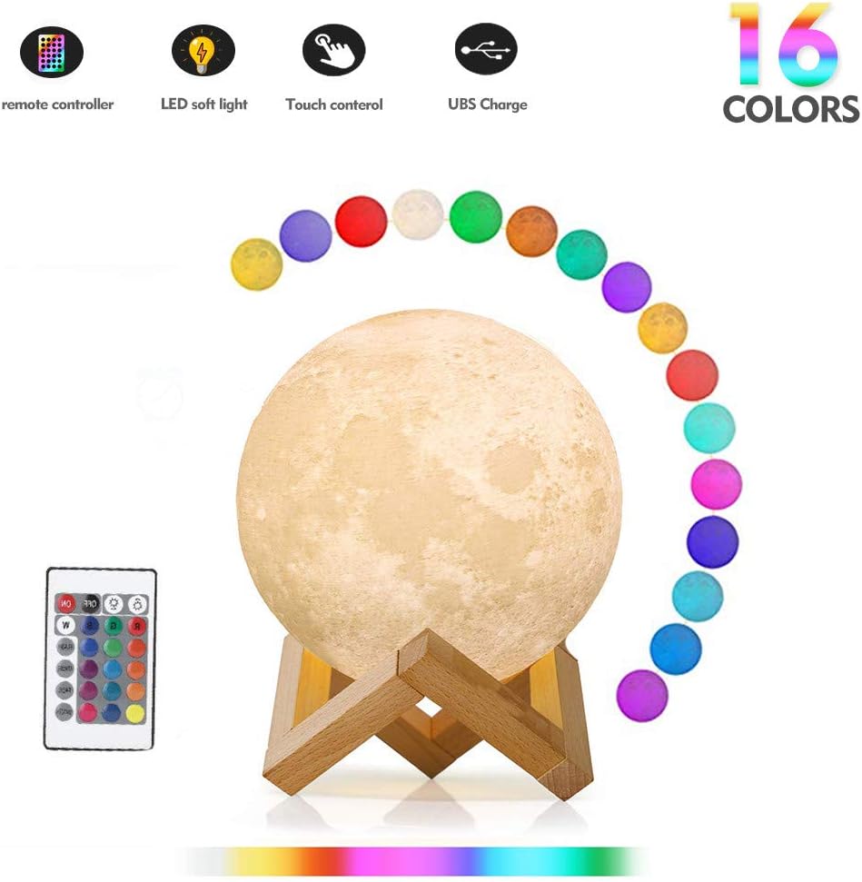 MULTAGFY Moon Lamp Night Light Large 3D Printing Moon Light Touch LED Lamp Brightness USB Lamps Dimmable Gift for Women Kids 16 Colors Remote&Touch Control 7.1 Inch
