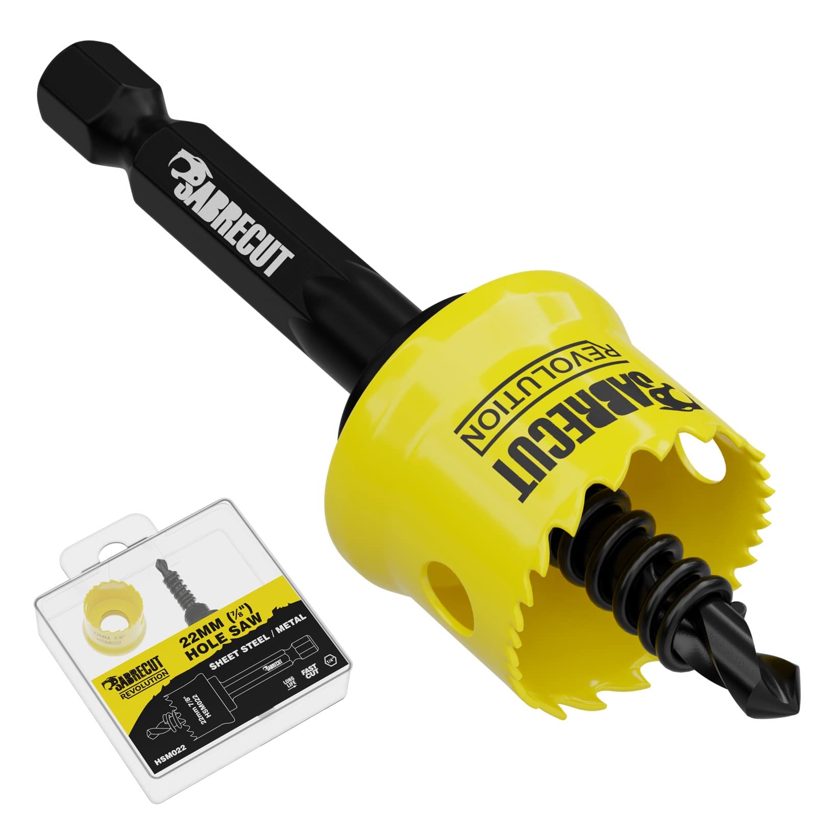 1 x SabreCut HSM022 22mm High Performance Thin Wall Sheet Steel Hole Saw Kit Features Steel Body and HSS M42 Cobalt Arbour with Progressive Tooth Profile for Cutting Wood Plastic and Steel