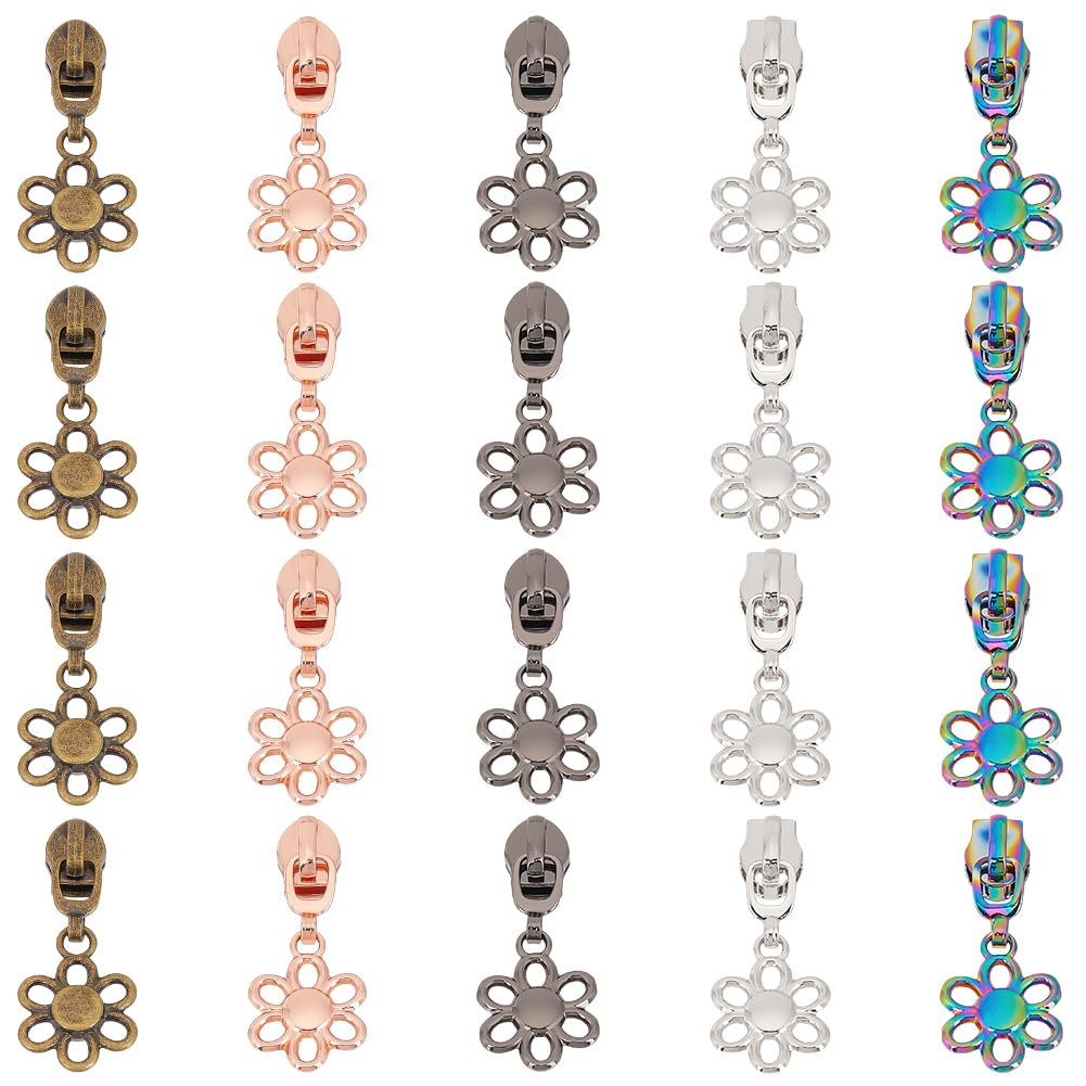 PLIGREAT 20 Pcs Flower Shape Metal Zipper Sliders, #5 Rainbow Metal Zipper Pulls Replacement Colorful Zipper Pull Heads Sliders for Jacket Luggage Bag Tailor Shop Accessories Fashion Metal Slider